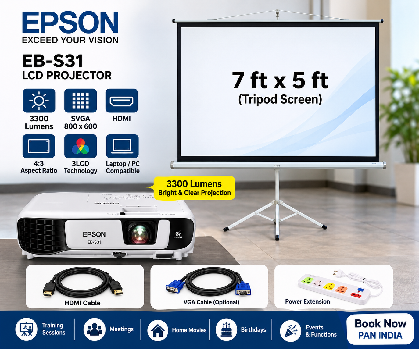 Projector & 7x5 Screen — Projectors & Screens rental in Bangalore